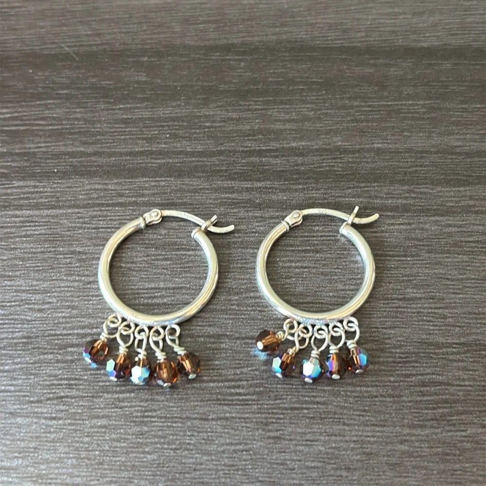 Sterling Silver Hoop Earrings with Brown‎ Swarovski Crystal Fringe NWT